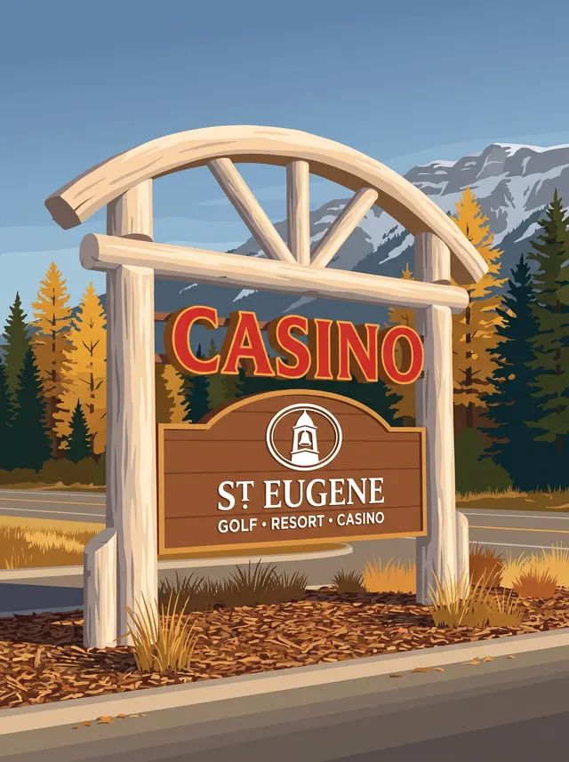 Log arch with the casino sign by the road