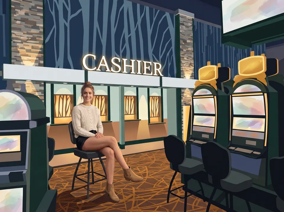 Woman on a stool near the casino cashier wall