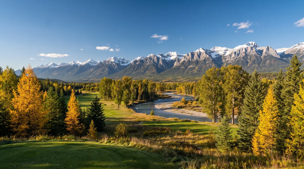 Larches, a golf fairway and limestone peaks in autumn