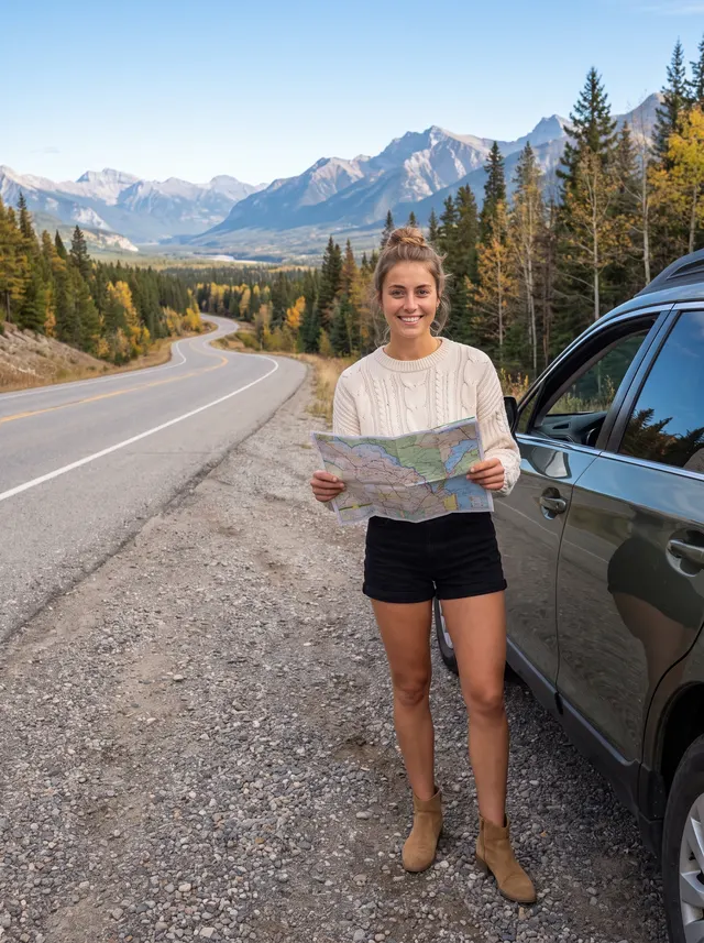 Woman with a road map beside an SUV